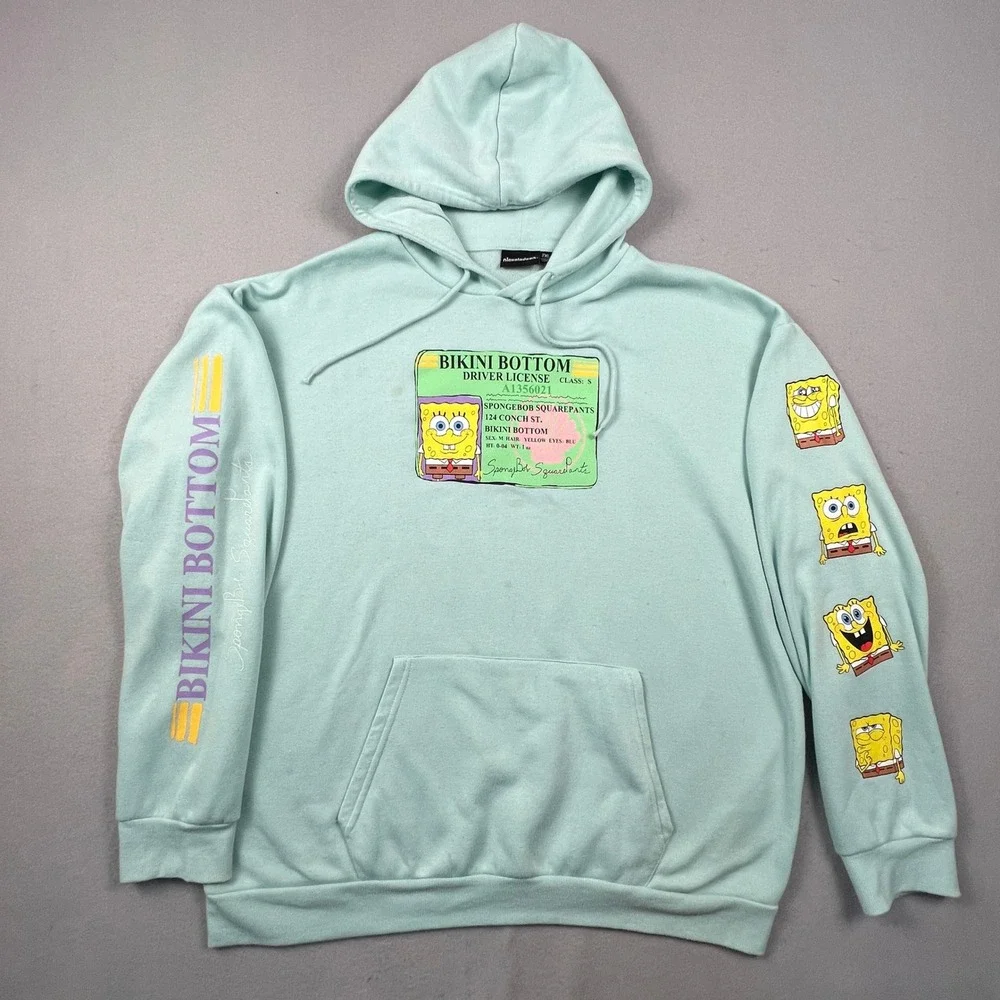 Nickelodeon Spongebob Hoodie Mens 2XL Green Driver License Graphic Pullover Y2K